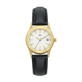 Bulova TFX Collection Ladies' Gold Tone Watch w/ Black Leather Strap